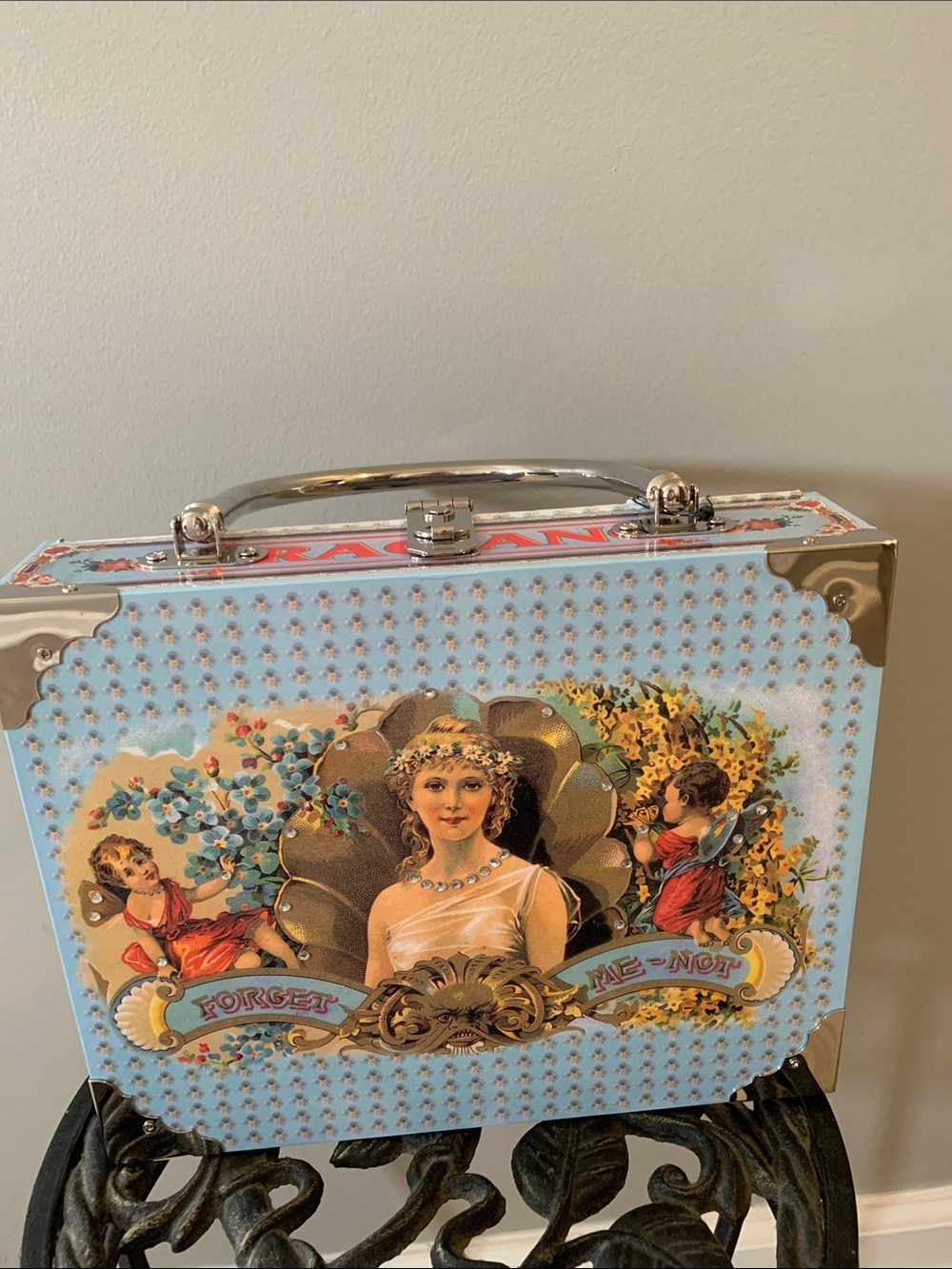 Braciano Light Blue Floral Box Handbag with Gold Handle - Picture 2 of 5
